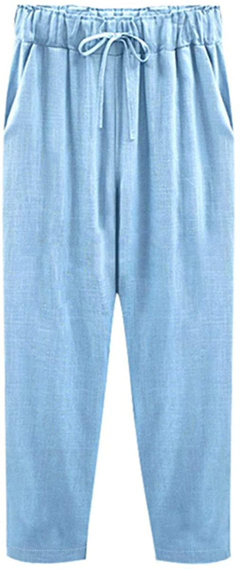 Women's Casual Summer Cotton Linen Pants Classic Drawstring High Waist Trousers