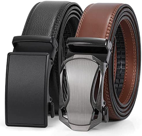 Men's Ratchet Belt for Dress 2Pack Slid Leather Belt with Automatic Click Buckle