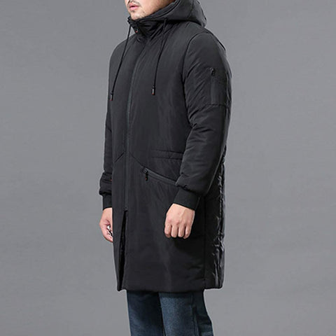 Men's Windproof Handsome Thicken Cotton Pocket Fashion Hooded Jacket Zipper Winter Long Coat