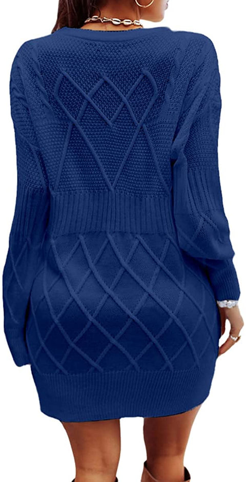 Womens Sweater Dress Long Sleeve Diamond Knit Pullover Sexy Slim Fit Crewneck Mini Dress