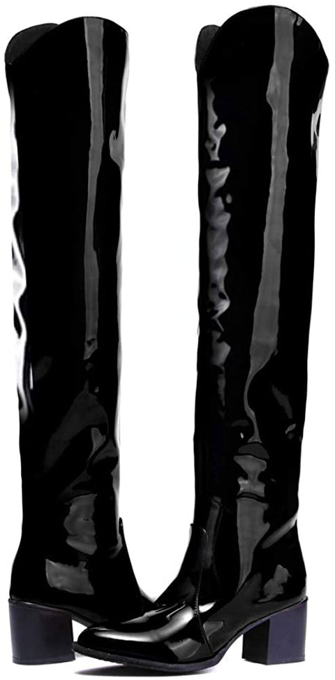 Tale Women's Low Block Heel Pointy Toe Patent Leather Thigh High Over The Knee Boots