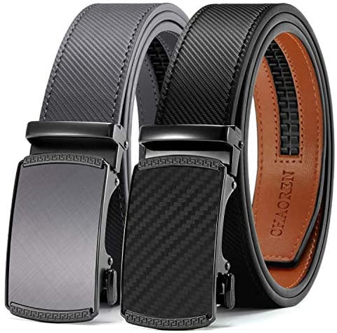 Belts Men, CHAOREN Leather Ratchet Belt 2 Pack with Click Sliding Buckle 1 3/8" in Gift Set Box - Adjustable Trim to Fit