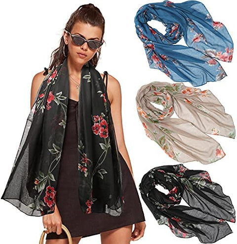 Women Floral Sheer Scarf Shawl - 3PCS Lightweight Scarfs Shawl Wrap Scarves Thin Scarfs for Women Soft Long Scarf