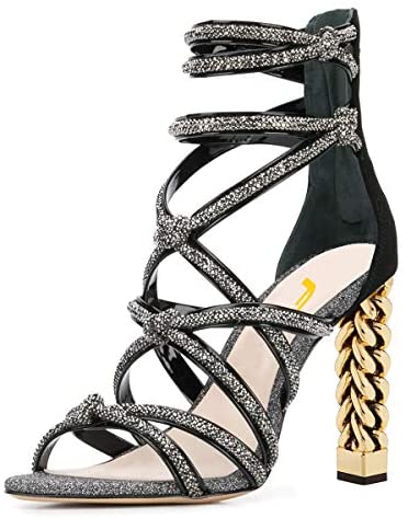 FSJ Women High Heels Strappy Ankle Straps Sandals Open Toe Back Zip Rhinestones Glitter Pumps Shoes Size 4-15 US
