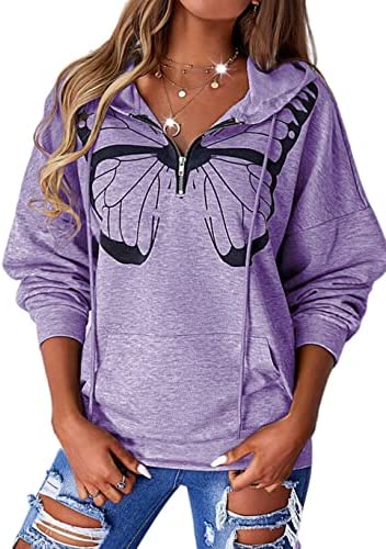 Zwurew Women Print Butterfly Long Sleeves Hoodie Top Casual Zip Collar Sweatshirt Pullover With Pocket