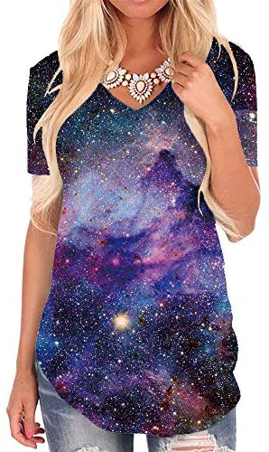Galaxy T Shirts for Women Space Print Side Slit Curved Hem V Neck T-Shirts