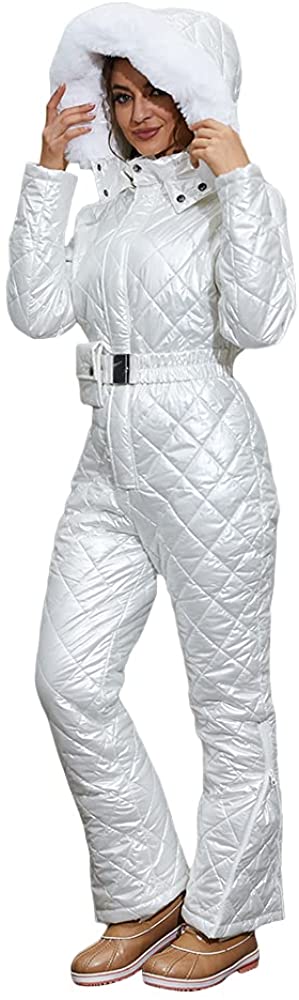 Womens Onesies Ski Suit Jumpsuit Outdoor Winter Skiing Jacket Snowsuit Fur Collar Coat with Hoodies Removable