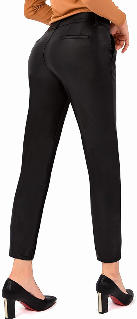 Leather Pants Women Faux Leggings Skinny Stretch Soft Pants with Pockets Work Casual Pants