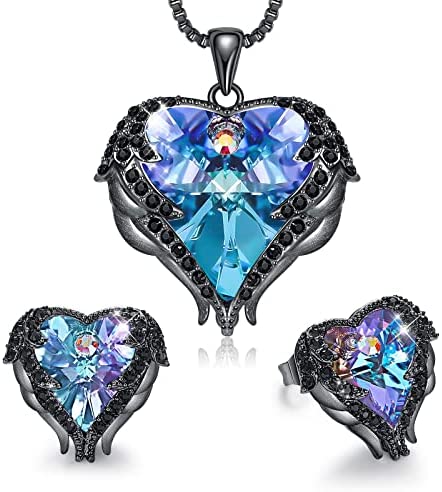 Angel Wing Love Heart Necklaces and Earrings Silver Jewelry Sets