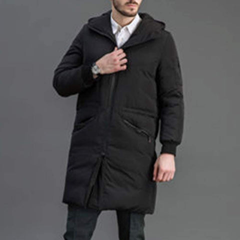 Men's Pocket Fashion Hooded Handsome Thicken Down Cotton Jacket Zipper Winter Long Coat