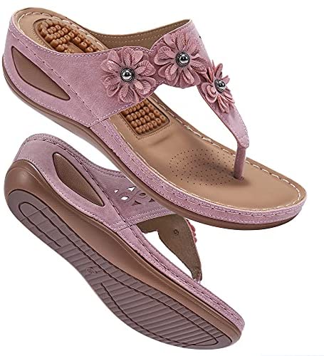 Womens Wedge Flip Flops Sandals with Arch Support Summer Comfortable Platform Bohemia Flat Shoes Massage Function Casual Thong Sandal