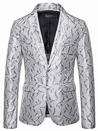 Men's Printed Embroidery Relaxed Breasted Two Button Blazer Casual Notched Lapel Party Stylish Coat
