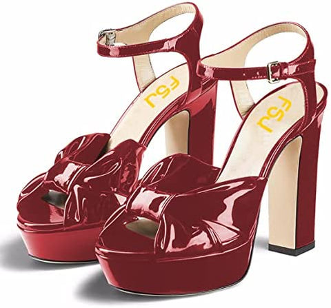 FSJ Women Platform Chunky High Heels Dress Sandalsl Ankle Strap Bowtie Peep Toe Heeled Pump Sandals Wedding Party Evening Shoes Size 4-15 US