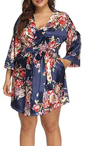 Plus Size Robes for Women Wrap Floral Print Satin Sleep Lounge Kimono Robe