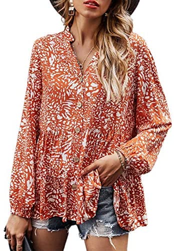 ayreus Women's Floral Prints V-Neck Blouse Shirts Button Down Long Sleeve Flowy Tunic Top