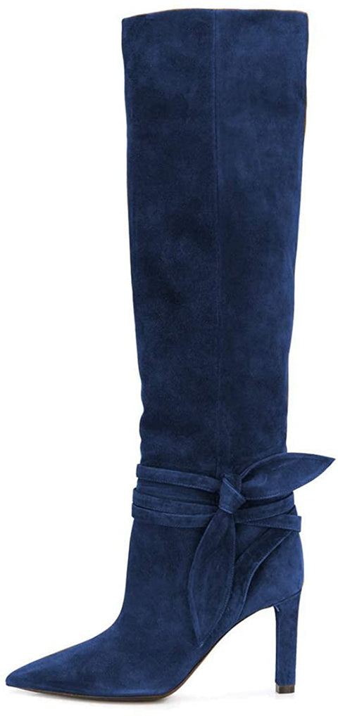 FSJ Women Elegant Pointed Closed Toe Knee High Long Boots Pull On Mid Heels Booties Faux Suede Dress Shoe With Bows Size 4-15 US