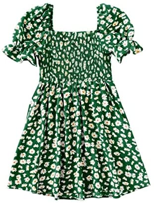 GAMISOTE Girls Floral Dress Puff Sleeve Flowy Smocked A Line Ruffle Summer Sundress
