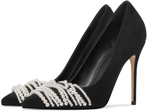 FSJ Women's White Pearl Strings Pointed Toe High Heel Pumps Stiletto Slip On Faux Suede Elegant Ladies Comfy Wedding Dress Party Shoes Size 4-15 US