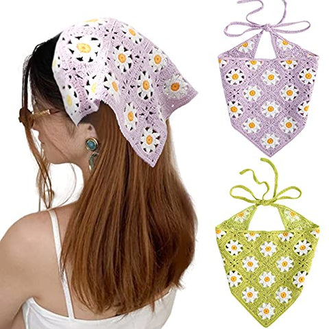 Crochet Bandana Head Kerchief Hair Scarf 2Pcs Knitted Hair Scarves Crochet Hair Kerchief Tie Bcak Headwrap Floral Hair Bandanas for Women Girls Scarf (Daisy(Black+Beige))
