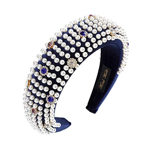 AWAYTR Velvet Padded Pearl Embellished Headband Large Padded Velvet Races Goth Wedding Headpiece for Women (black-1)