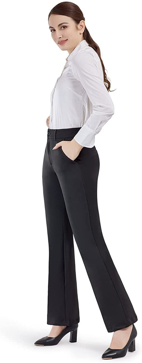 Dress Pants for Women Bootcut Stretch Work Pants Belt-Loop Bootleg Yoga Pants with Pockets