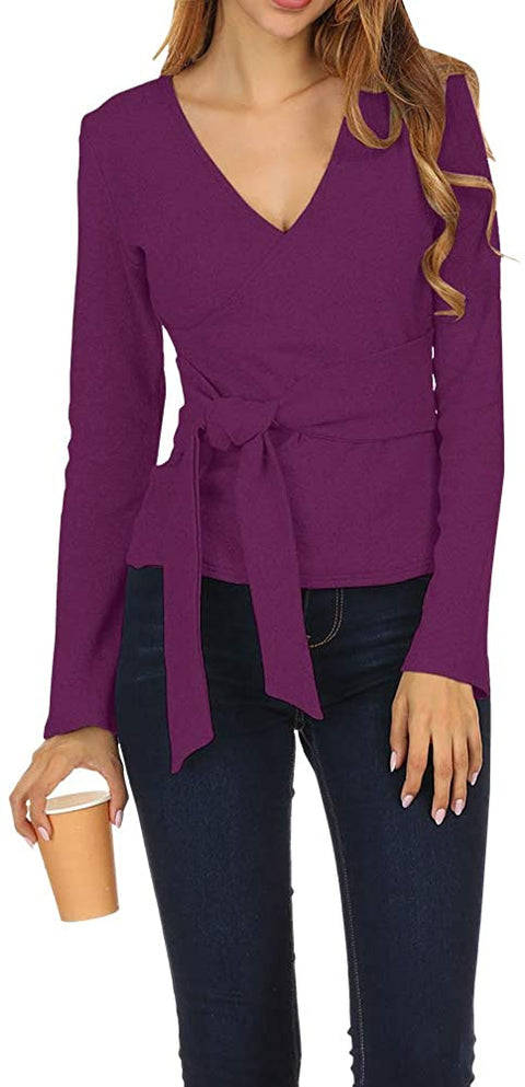Zumla Women Tops Long Sleeve Casual Fall Sexy Wrap V Neck Blouse for Work Tie Front