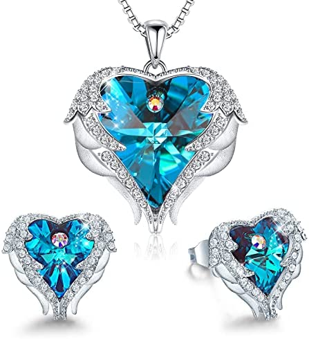 Angel Wing Love Heart Necklaces and Earrings Silver Jewelry Sets