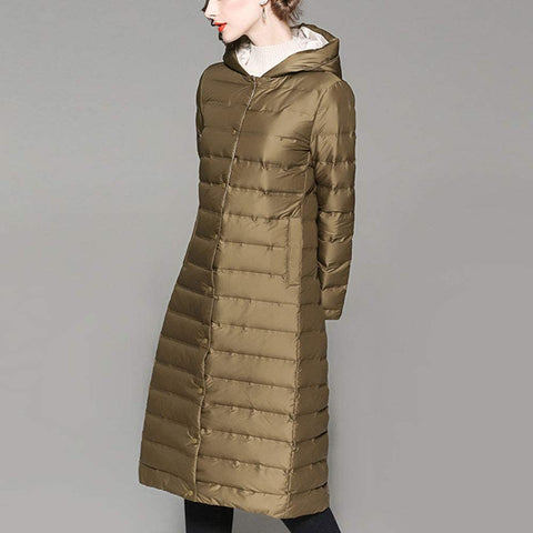 Women's Hood Knee Length Buckle Fashion Down Jackets Solid Long Sleeve Coat