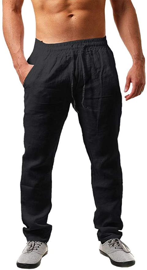Karlywindow Mens Linen Pants Casual Loose Lightweight Drawstring Elastic Waist Summer Yoga Beach Trousers