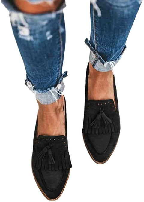Ruanyu Womens Backless Mules Sandals Flat Pointed Toe Slip On Studded Tassel Comfortable Penny Loafers