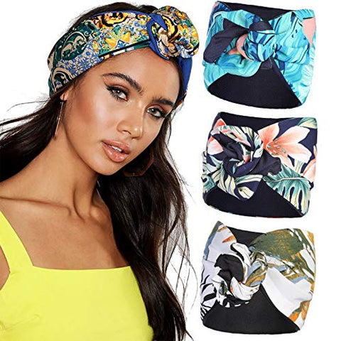 Knotted Wide Turban Head Wrap - 3PCS Floral Knot Wire Hair Band Turban Headwrap for Women Bandanas Boho Adjustable Wide Headband (Cashew)