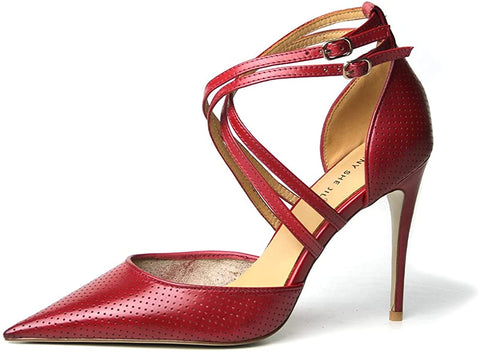 FSJ Women High Heel Stiletto Ankle Strap Sandals Pointed Toe Hollow Pumps Genuine Leather Dress Shoes Cross Strips Buckle Shoes
