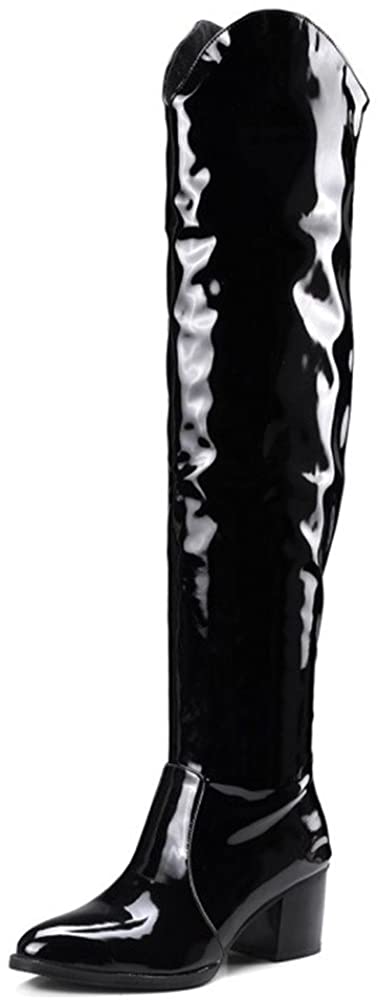 Tale Women's Low Block Heel Pointy Toe Patent Leather Thigh High Over The Knee Boots