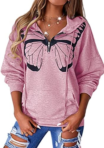 Zwurew Women Print Butterfly Long Sleeves Hoodie Top Casual Zip Collar Sweatshirt Pullover With Pocket