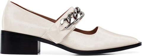 Ruanyu Womens Chunky Block Heel Loafers Square Closed Toe Pumps Single Band Comfortable Shoes with Metal Chain