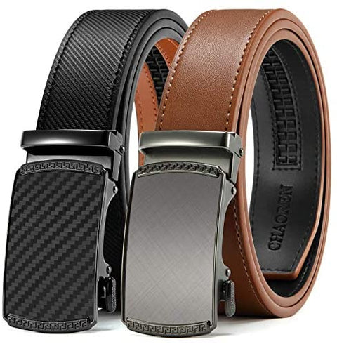 Belts Men, CHAOREN Leather Ratchet Belt 2 Pack with Click Sliding Buckle 1 3/8" in Gift Set Box - Adjustable Trim to Fit