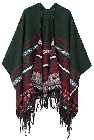 Women's Printed Tassel Open front Poncho Cape Wrap Shawl