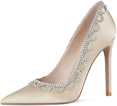 FSJ Women Fashion Rhinestone Chain Pendant Sexy Stilettos High Heels Wedding Pointed Toe Slip On Pump Party Office Dress Shoes Size 4-15 US