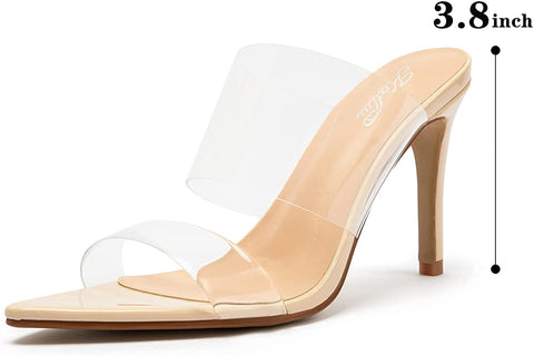 Katliu Women's Clear Pointed Toe Heels Sandals Transparent Strap Stiletto High Heels Slip on Mules Heeled Sandals