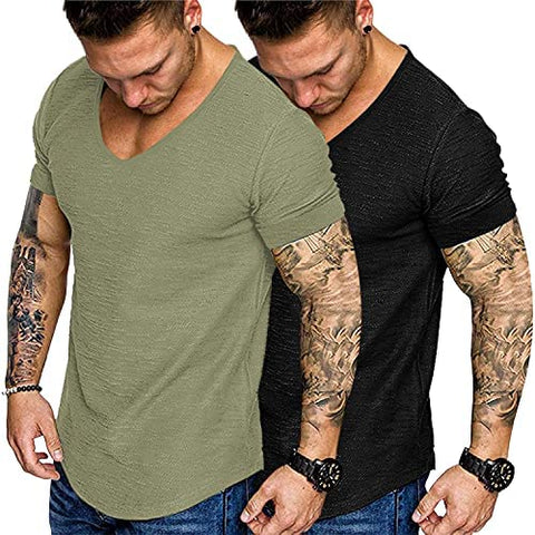 Mens 2 Pack Muscle V Neck T Shirt Fitted Gym Workout Short Sleeve Tee