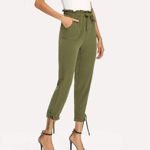 Women's Pocket Cropped Trousers Casual Solid Elastic Waist Tie Pants