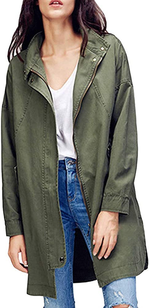 Women's Military Loose Trench Coats Casual Zip Up Long Sleeve Anorak Jacket