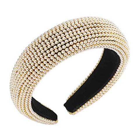 AWAYTR Velvet Padded Pearl Embellished Headband Large Padded Velvet Races Goth Wedding Headpiece for Women (black-1)