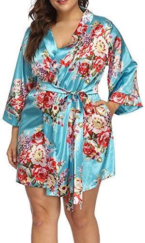 Plus Size Robes for Women Wrap Floral Print Satin Sleep Lounge Kimono Robe