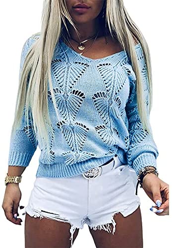 Women Leaf Hollow Crochet Sweater Knitwear V-Neck Loose Casual Long Sleeve Pullover Top