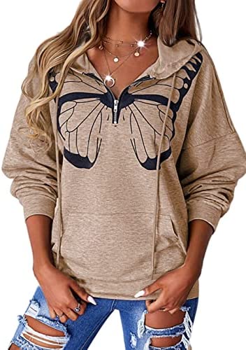 Zwurew Women Print Butterfly Long Sleeves Hoodie Top Casual Zip Collar Sweatshirt Pullover With Pocket