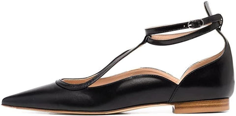 FSJ Women's Comfortable Chunky Low Heel Flats Cross Ankle Strap Buckle Classic Pointy Toe Retro T-Strip Walking Dress Shoes Size 4-15 US