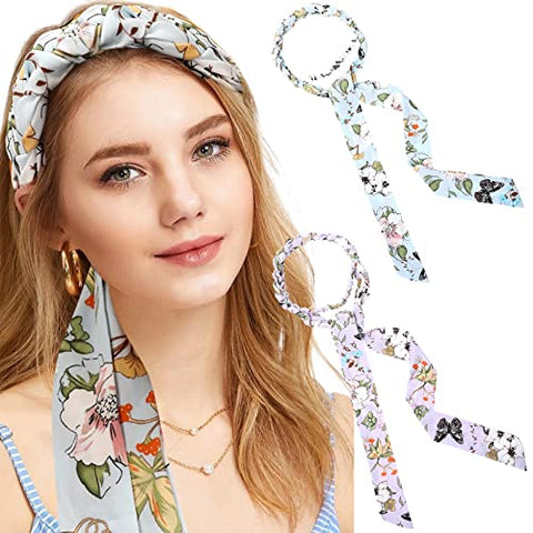Long Hug Head Wrap Headband - 3PCS Chiffon Twisted Turban Head Wraps Criss Cross Hair Band Long Scarf (Floral(Pink+White+Black))