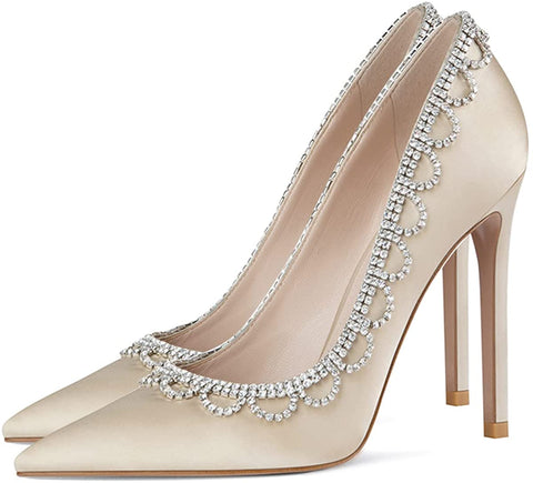FSJ Women Fashion Rhinestone Chain Pendant Sexy Stilettos High Heels Wedding Pointed Toe Slip On Pump Party Office Dress Shoes Size 4-15 US