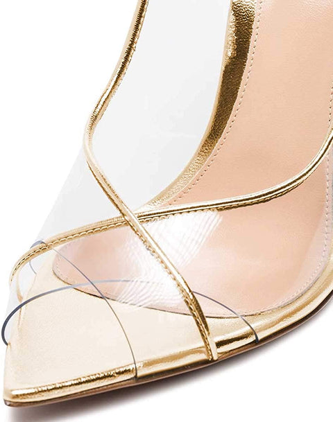 FSJ Women Sexy Stilettos High Heel Strappy Sandals Cross Strap Ankle Wrap Slingback Transparent Wedding Evening Dress Pumps Size 4-15 US